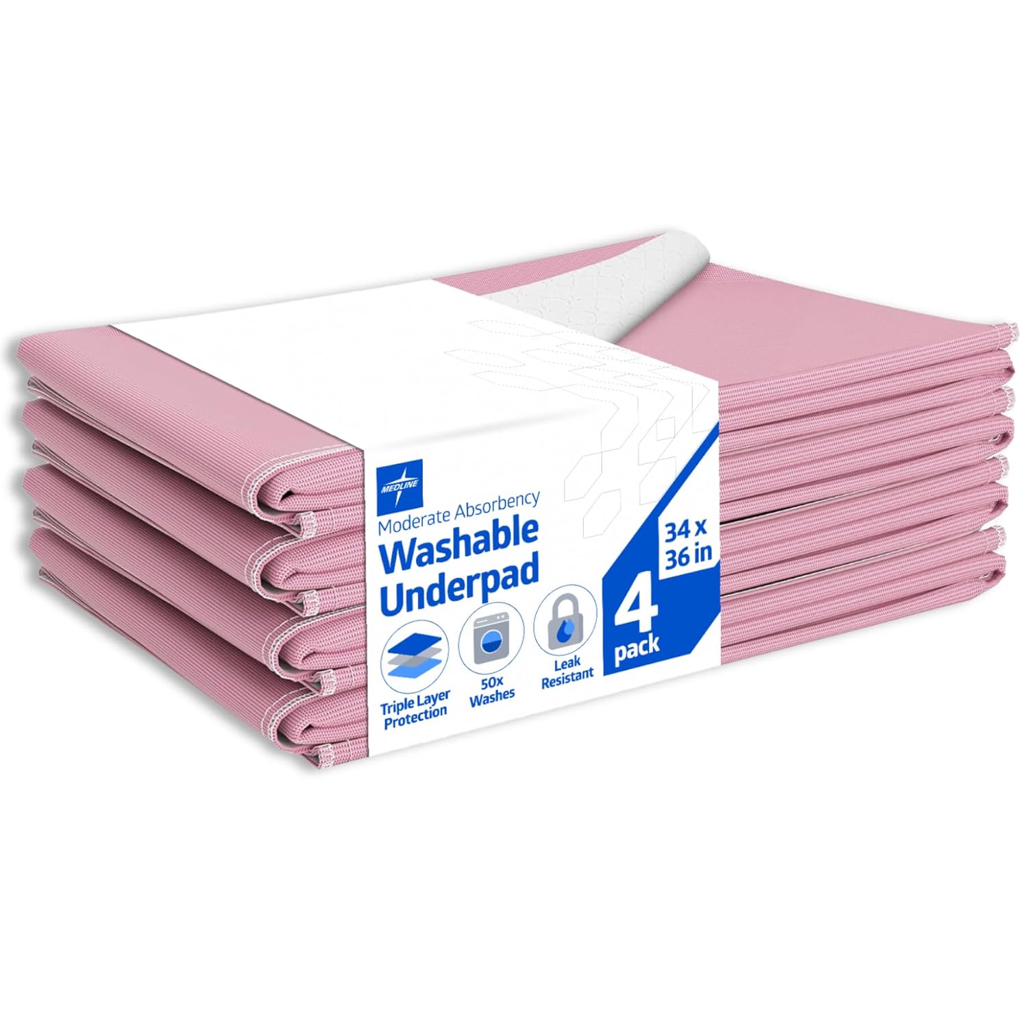 Medline Washable Bed Pads for Incontinence Large 34 x 36 inch Reusable Underpads 4 Pack Pee Pads for