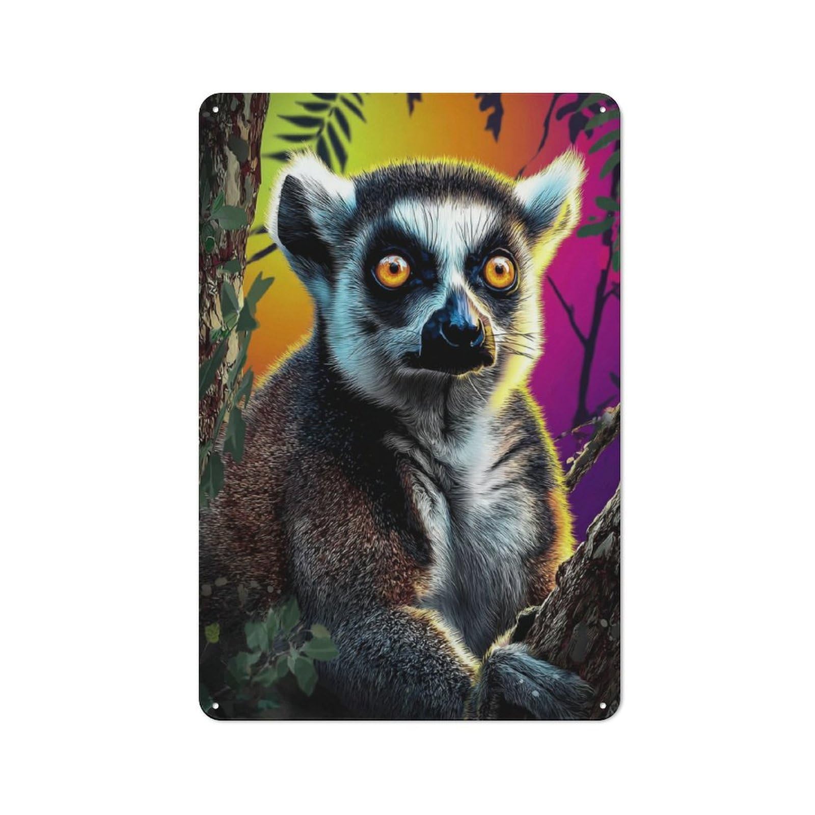 Junmoney Colorful Lemur In Vibrant Forest Printed Metal Sign 30X20cm For Home Office Or Studio, For Winter Room Styling In Home Office And Studio