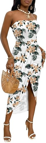 Umenlele Women's Tube Strapless Dress Beige Flowers Small