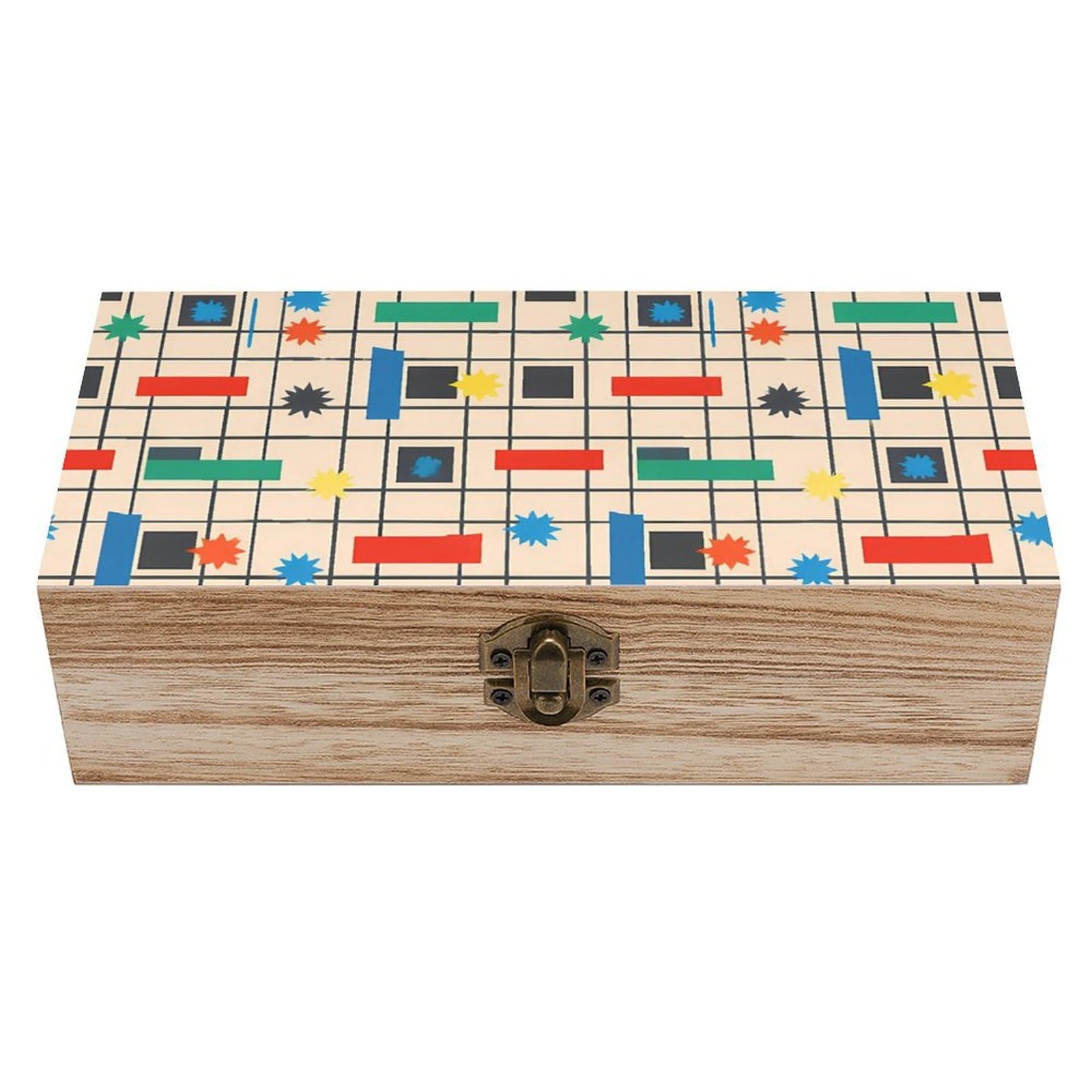 SMAZDFXX Mid Century Modern Grid Wooden Storage Box With Hinged Lid Decorative Front Clasp Keepsake Boxes