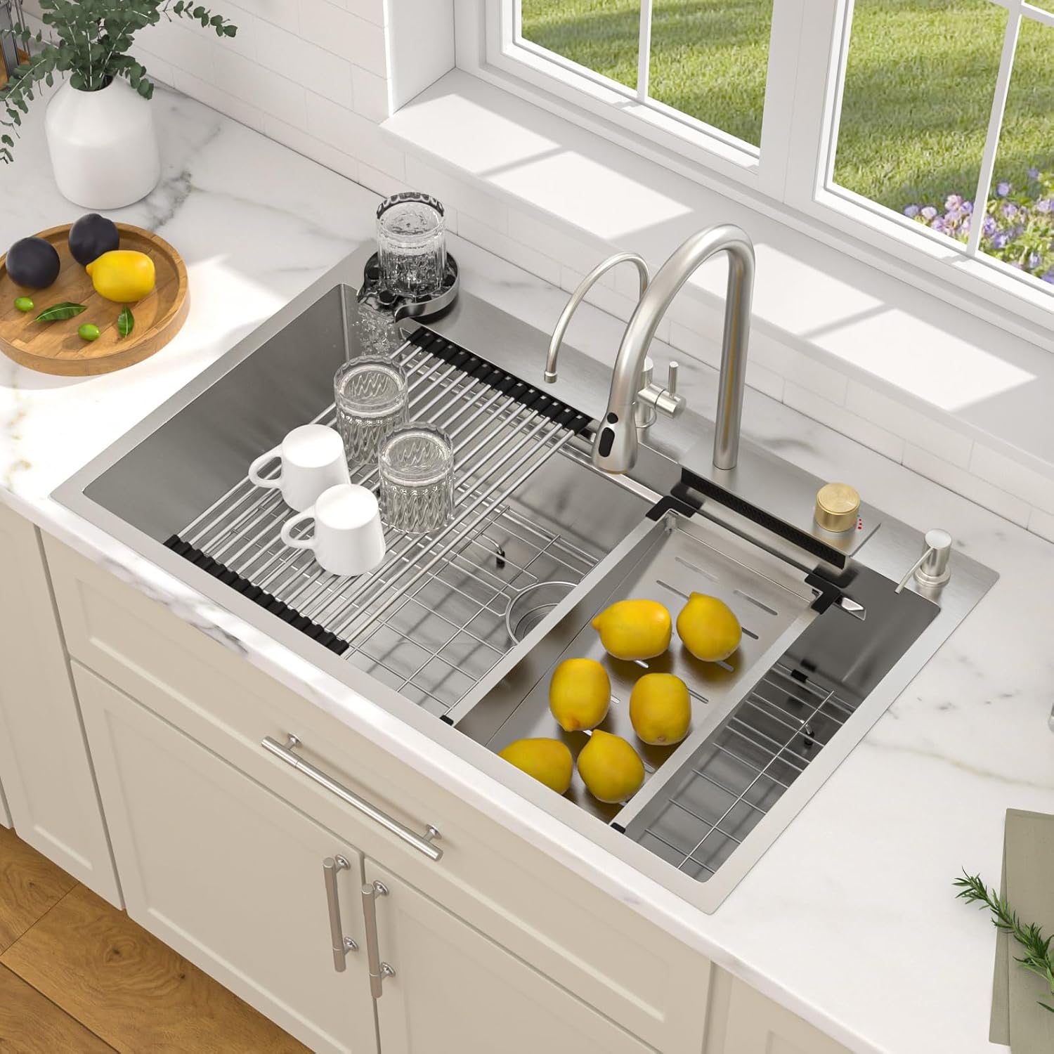 Dcolora 36 Inch Waterfall Kitchen Sink Drop In Smart Workstation With Faucet Combo Topmount Multifunctional Stainless Steel 304 Single Bowl Sink,DC-SFDOE00013