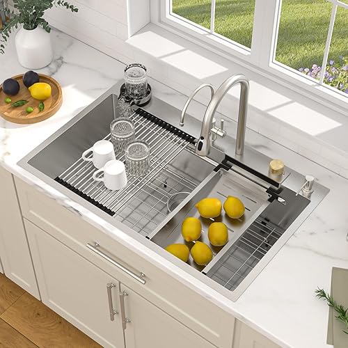 Miniatura 8 de Dcolora Fregadero de cocina en cascada de 33 x 22 pulgadas, fregadero inteligente con estación de trabajo con grifo, combo de acero inoxidable 304