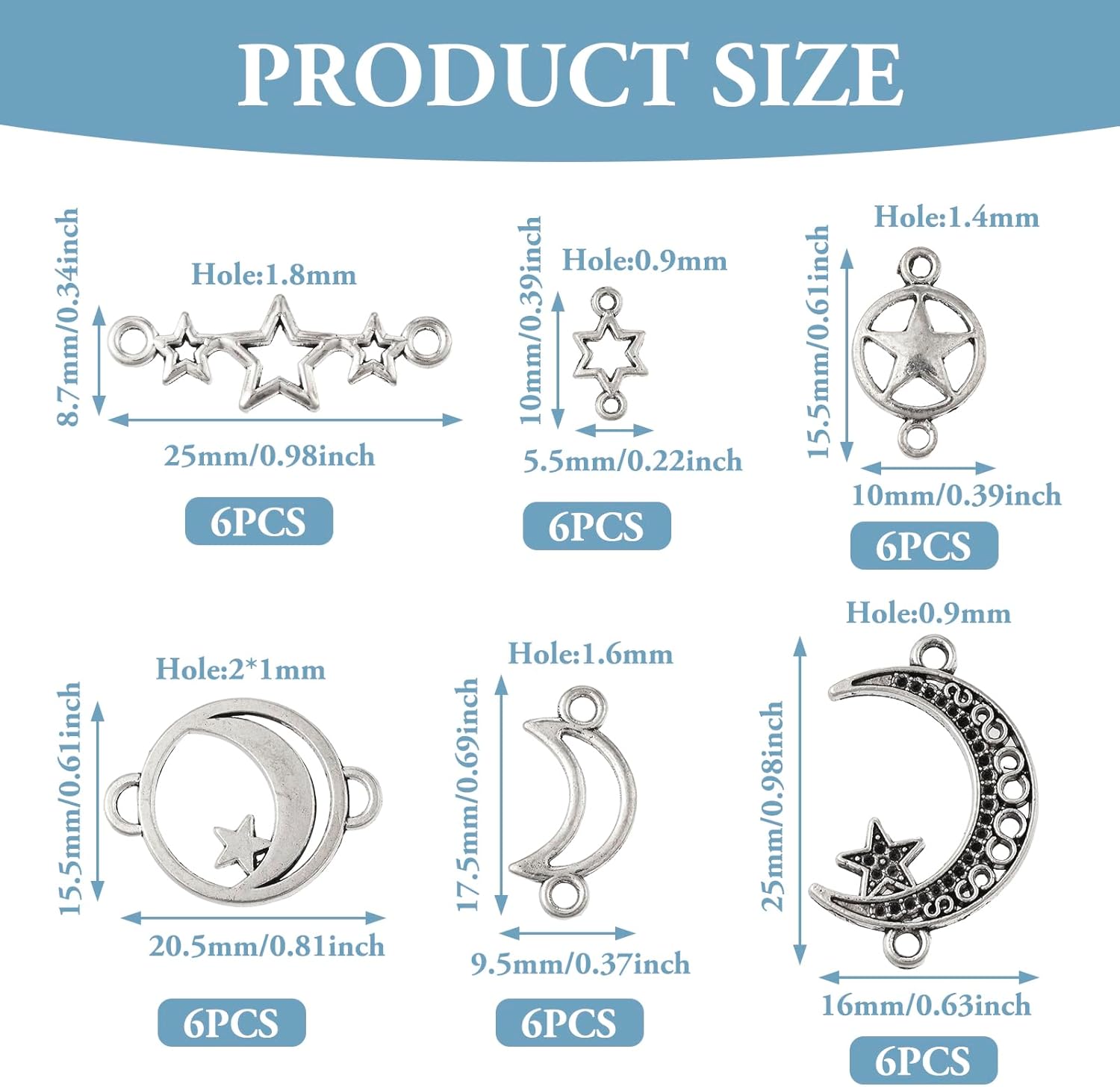 Pandahall 36Pcs Star Connector Charms Pentagram Crescent Moon Links Charm Alloy Tibetan Style Celestial Link Pendants 6 Styles for Jewelry Necklace Bracelet Earrings Craft - Image 5