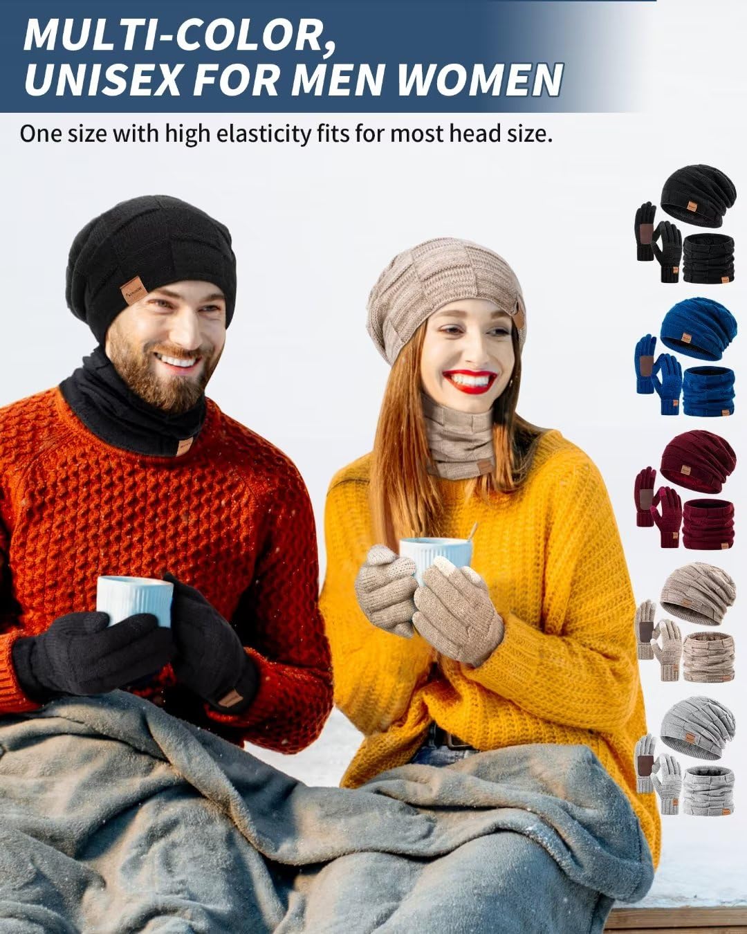 Set invernale da uomo, con cappello, sciarpa e guanti, foderati in pile termico, sciarpa e guanti touchscreen, set caldo 3 in 1