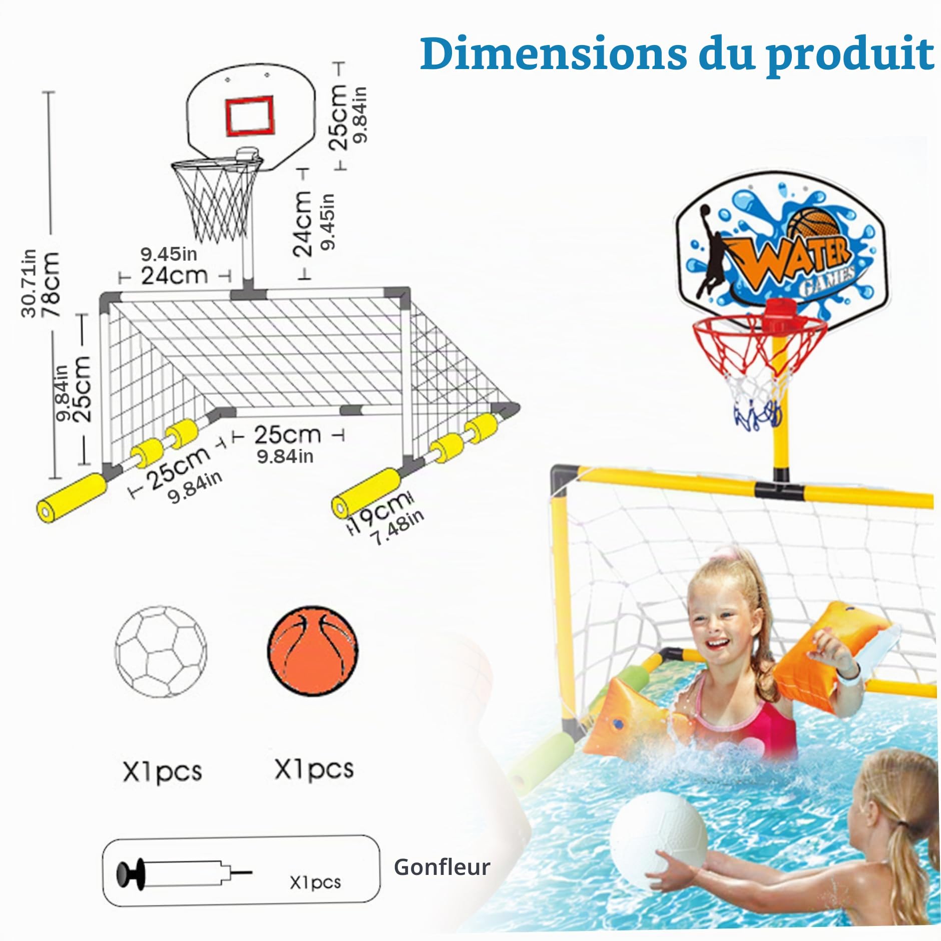 Cerceau de Basket-Ball Flottant pour Piscine, But de Football 2 en 1 ＆ Cerceau Basket-Ball Piscine, But détachable avec 2 balles pour Enfants et Adultes