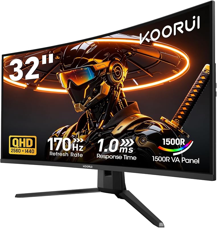 Monitor para juegos curvo KOORUI de 32 pulgadas, pantalla QHD 2560×1440 170 Hz 1 ms 1500R | FreeSync Premium, compatible con G-SYNC, 95% DCI-P3, HDMI×2 y DP, montaje VESA para FPS, juegos de consola y trabajo