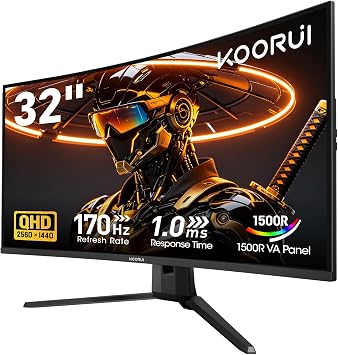 KOORUI 32 Inch Curved Gaming Monitor, QHD 25601440p 170Hz 1ms 1500R