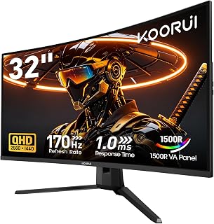 KOORUI 32 Inch Curved Gaming Monitor, QHD 2560×1440p 170Hz 1ms 1500R | FreeSync Premium, G-SYNC Compatible, 95% DCI-P3, HDMI×2 and DP, VESA Mountable for FPS, Console Gaming and Work