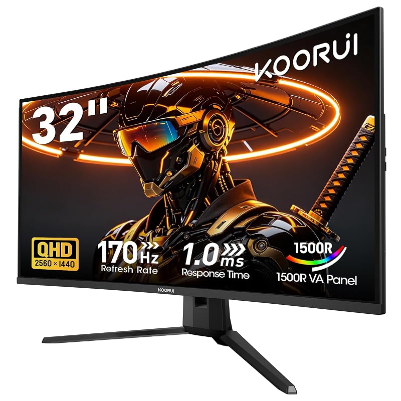 KOORUI 32 Inch Curved Gaming Monitor, QHD 2560×1440p 170Hz 1ms 1500R 32inch 170Hz/QHD/Curved