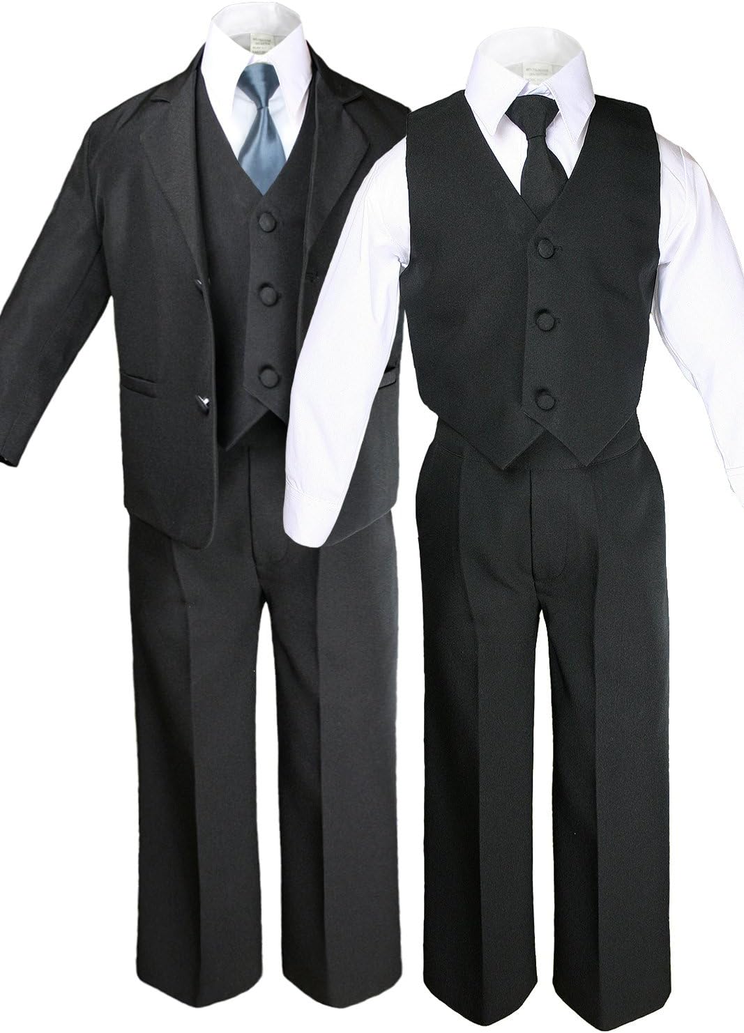 6pc Boy Black Tuxedo Suits with Satin Dark Gray Necktie from Baby to Teen