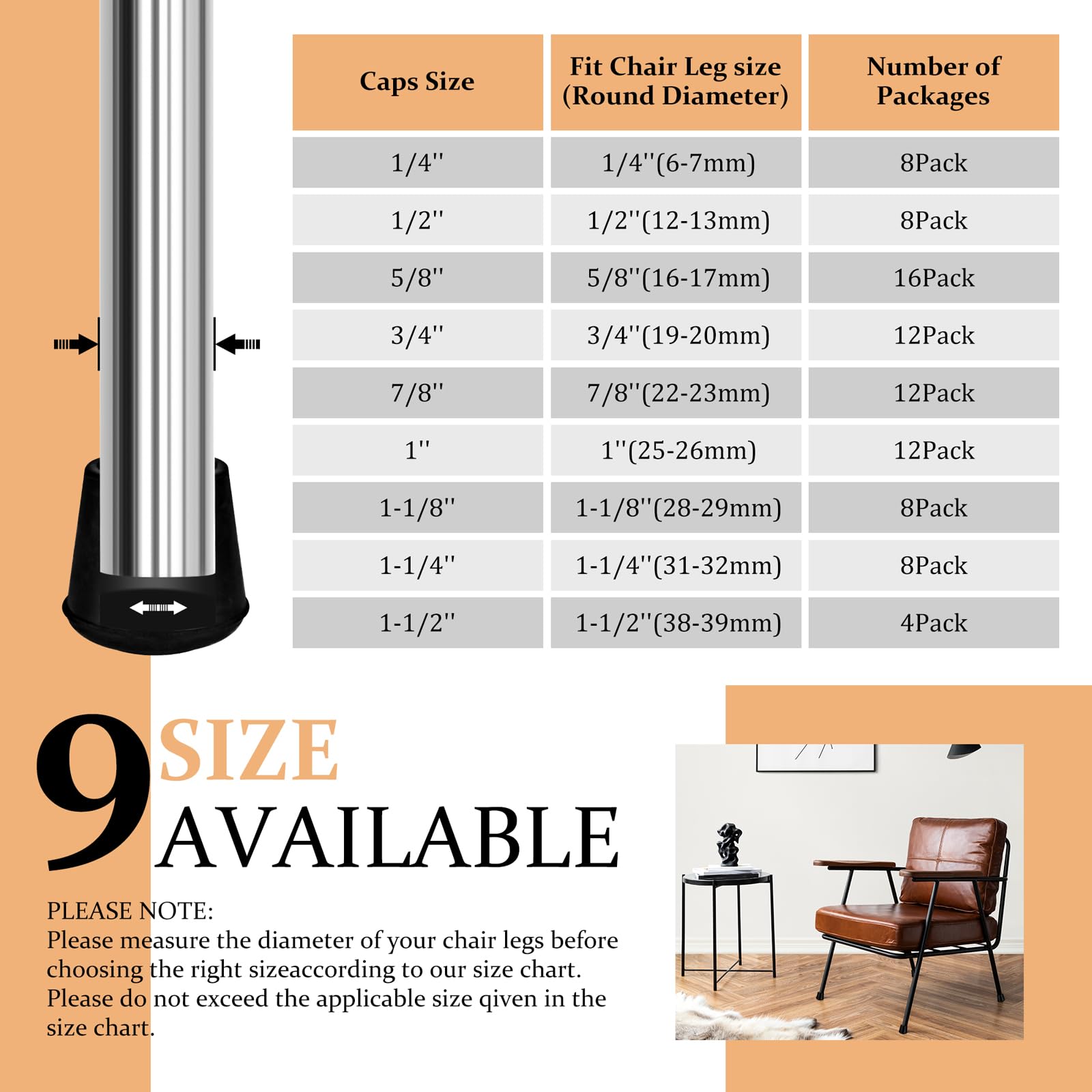 VOCOMO 1 Round Rubber Chair Leg Tips Caps Chair Leg Floor Protectors Furniture Legs Caps Non Slip Reduce — view 6
