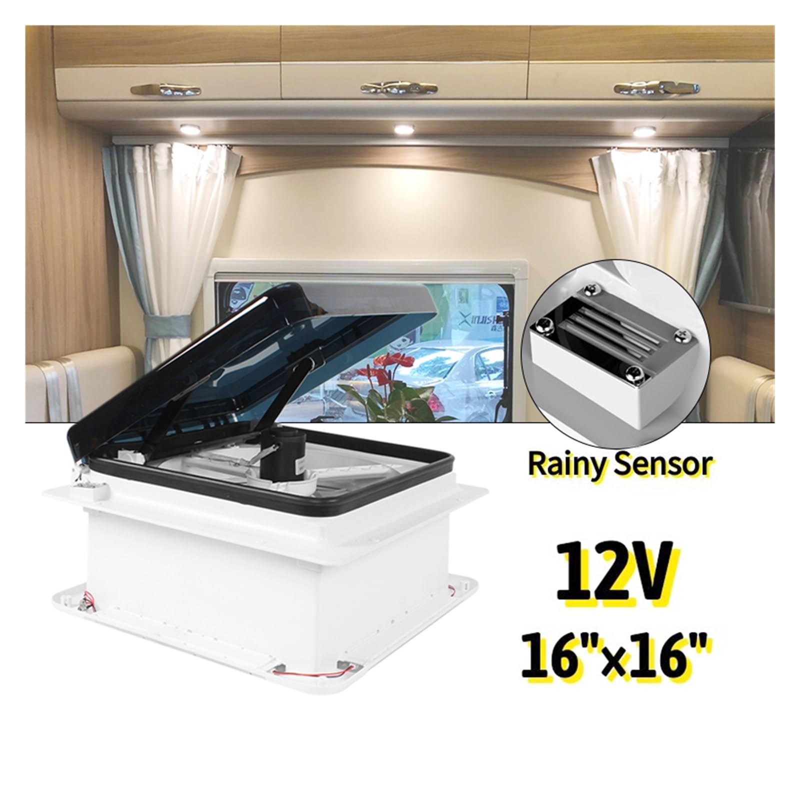 Akcesoria do przyczep kempingowych 12 V 16-calowy wentylator dachowy z oświetleniem LED i czujnikiem deszczu(Smoked lid)