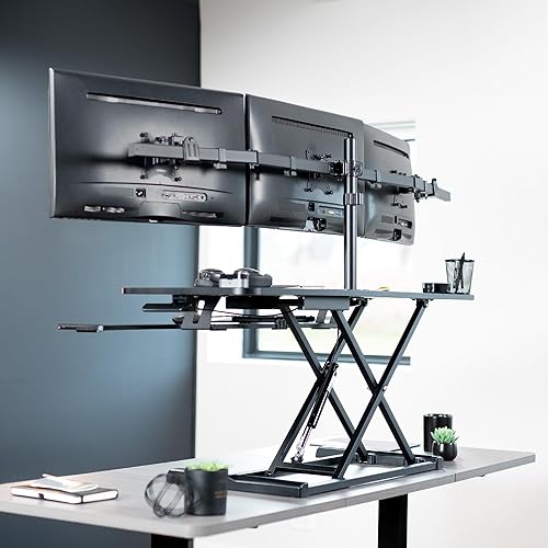 Miniatura 9 de VIVO DESK-KIT-48KB3C - Convertidor de escritorio de pie de 48 pulgadas de altura ajustable con soporte para monitor triple de 21.5 a 27 pulgadas,