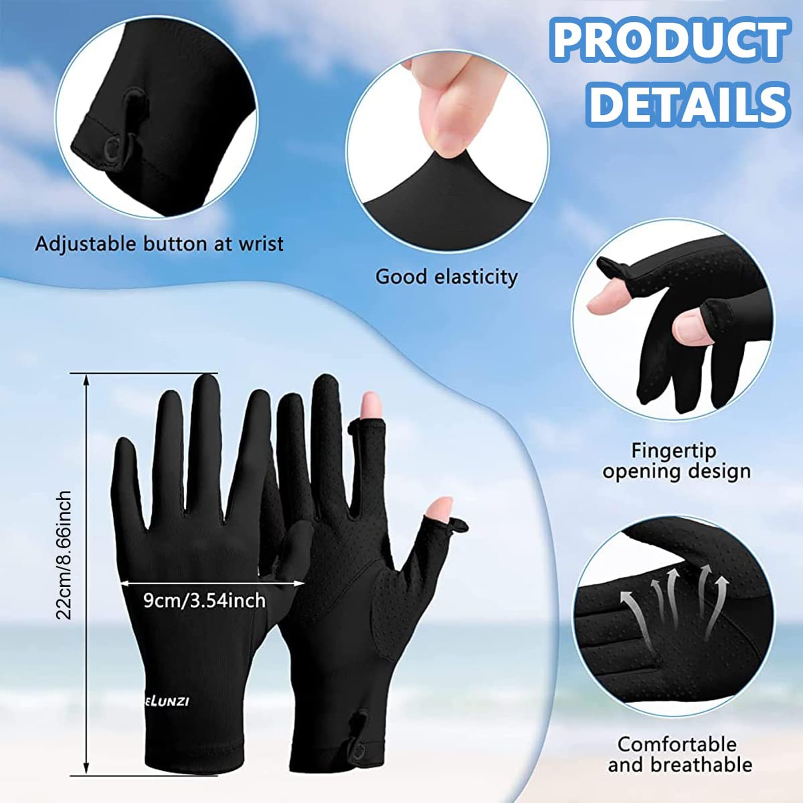 Massmot Sun Protection Gloves for Women, Non-Slip Touch Screen Sun Gloves, Breathable Silk Cooling Gloves, Outdoor Full Finger Gloves for Cycling Driving Fishing, Breathable and Lightweight (Black)