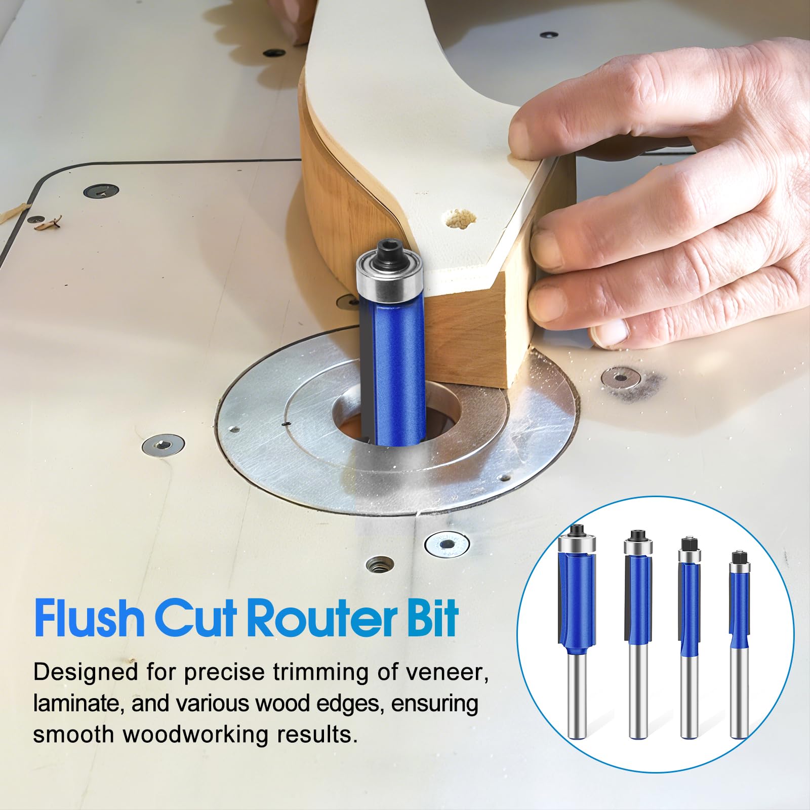 Obere Lagerfräsen-Bit, 1/4-Zoll-Schaft, gerader bündiger Schnitt, 4-teiliges Hartmetall-Fräser-Bits für Holzbearbeitung, Musterfräser, bündiges Trimmen, ideal zum Trimmen von Laminaten