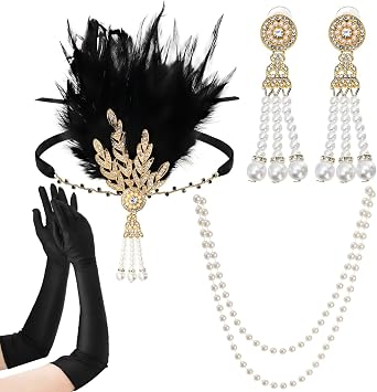 5 Pack 1920s Vintage Flapper Accessories Set, 20s Party Costume Headband for Women, Feather Flapper Headpiece, Pearl Necklace and Earrings, Gloves, Faux Holder