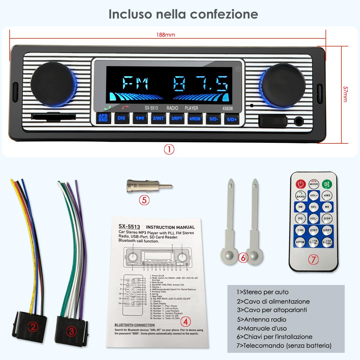 Autoradio Bluetooth,Stereo Auto Bluetooth, Autoradio 1 Din Radio Bluetooth Auto Supporta Vivavoce Lettore MP3/Radio FM, USB Per La Riproduzione Di Musica USB/WMA/WAV/TF Multimediale Telecomando