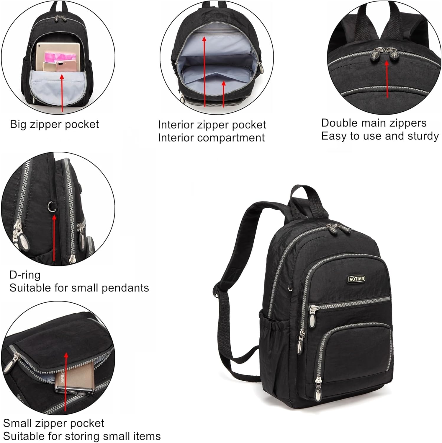 AOTIAN Small Size Backpack, Durable Lightweight Daypack for Women Girls & Boys Hiking Travel Sports, Black - Image 6