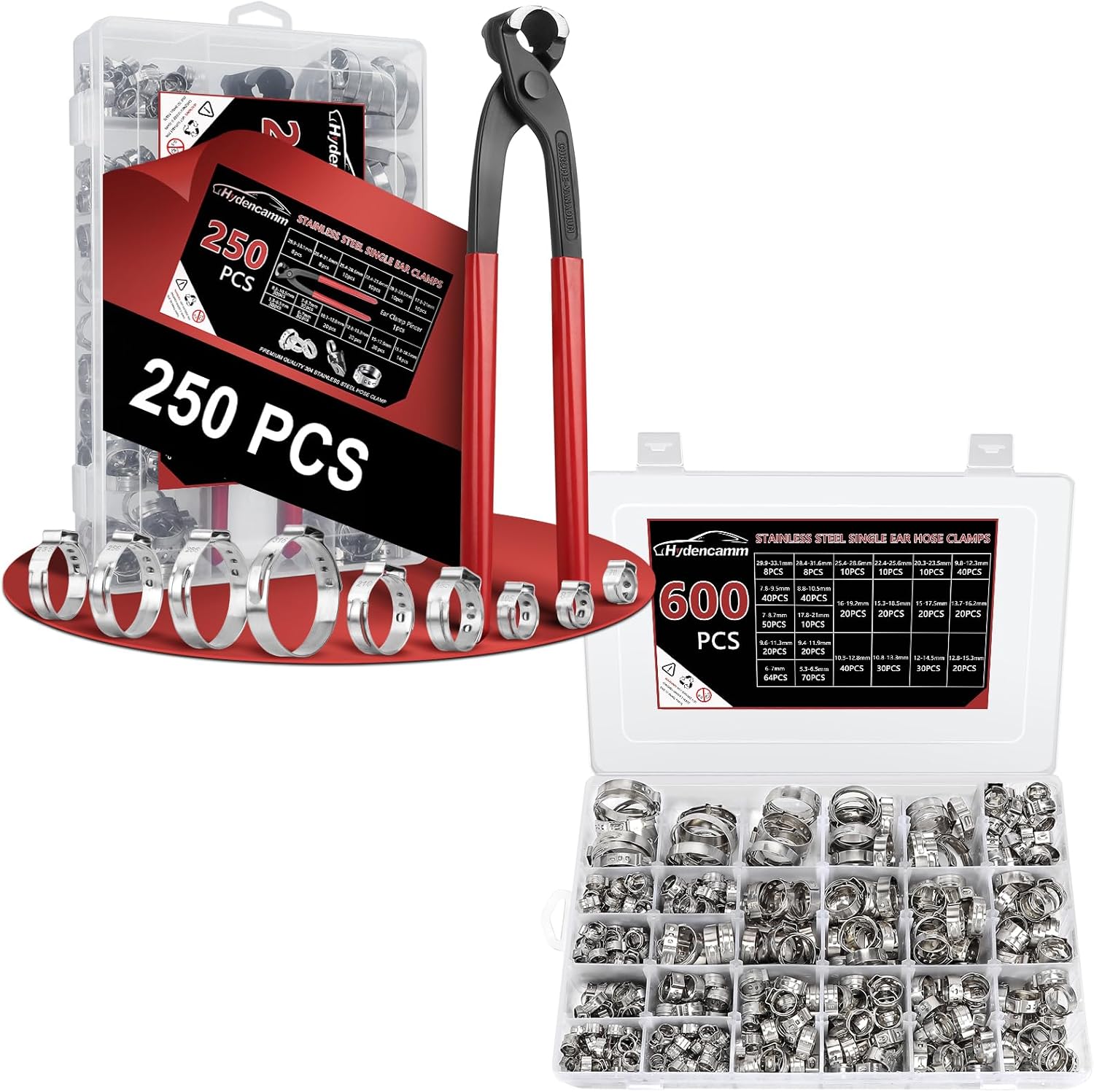 250PCS 14 Sizes + 600PCS 22 Sizes Ear Hose Clamps, 5.3-33.1mm Crimp Hose Clamps Stainless Steel, Ear Hose Cla Ear Clamp Pincer Perfect for Automotive, Home Appliance Line and Industry Use By Hydencamm