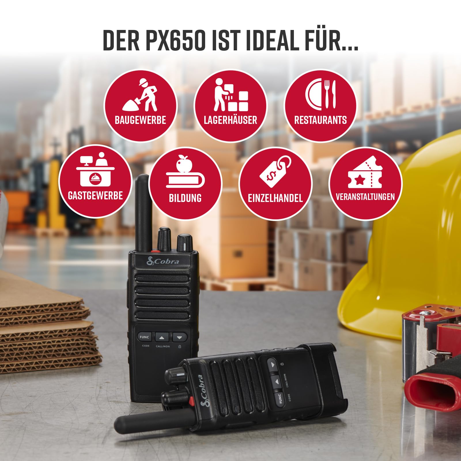 Cobra PX650 Professionelle Walkie-Talkies (6er-Pack) – Wiederaufladbare PMR446-Funkgeräte für Unternehmen, Reichweite von 27.000 m²/ 25 Etagen, staubgeschützt und spritzwassergeschützt (IP54)