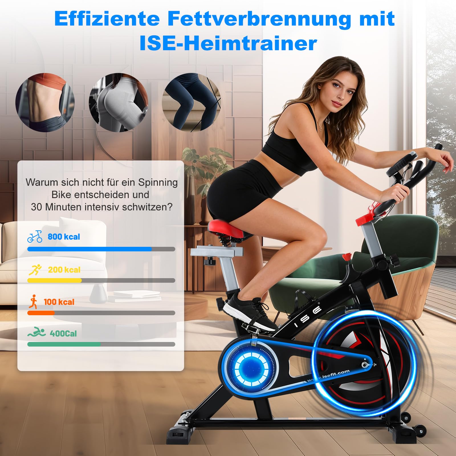 ISE Heimtrainer Fahrrad für zuhause mit LCD Display,Ergometer Fahrrad mit 8kg Schwungrad,Indoor Bike Fitnessbike Heimtrainer mit flüsterleise Riemenantrieb,Stationäres Fitnessbike für Zuhause