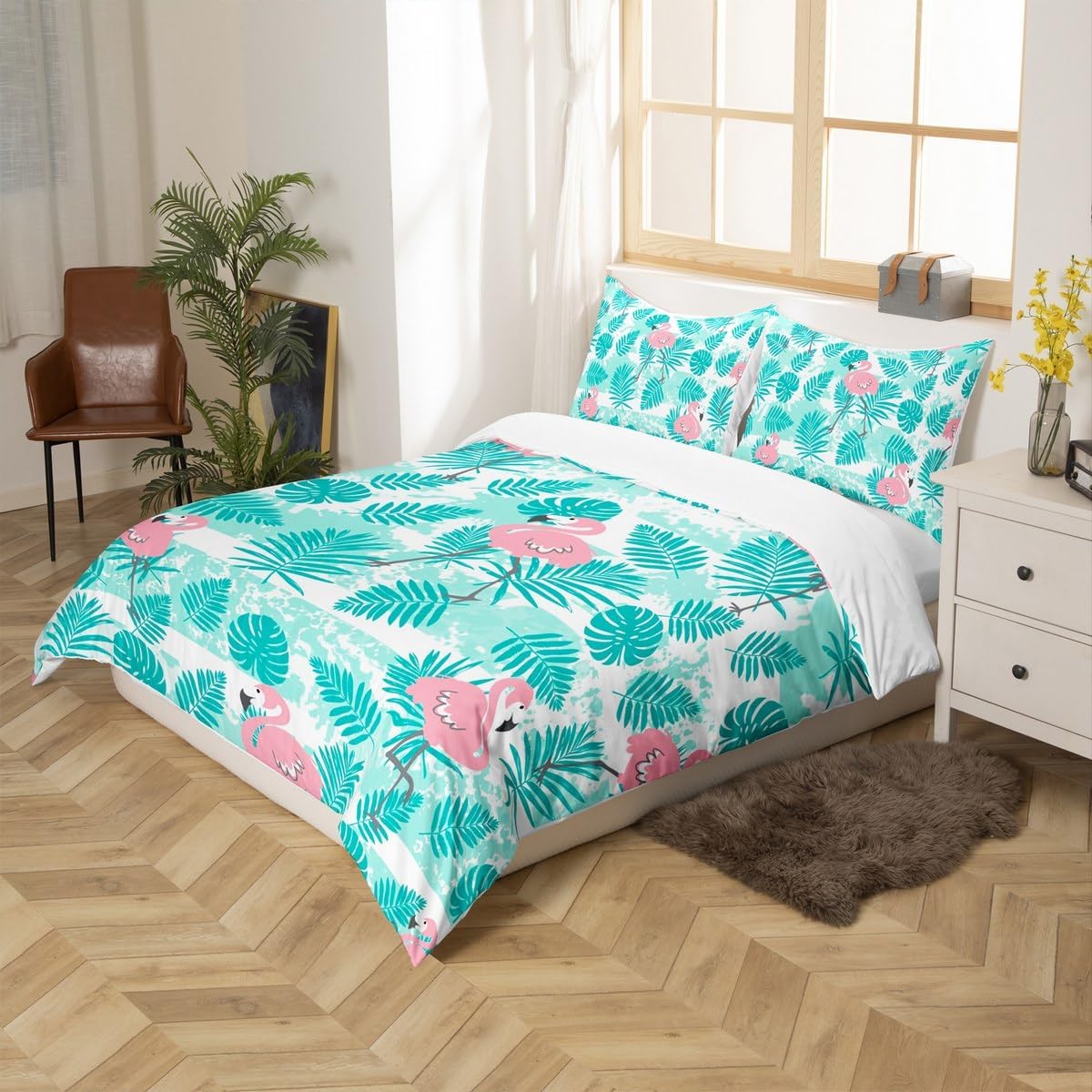 Flamingo Kids Duvet Cover Set Queen Size,Palm Leaves Tropical Plants Bedding Set,Girls Boys Adults Bedroom Decor,Cartoon Animals Stripes Comforter Cover,Pink Romantic Quilt Cover,2 Pillowcases