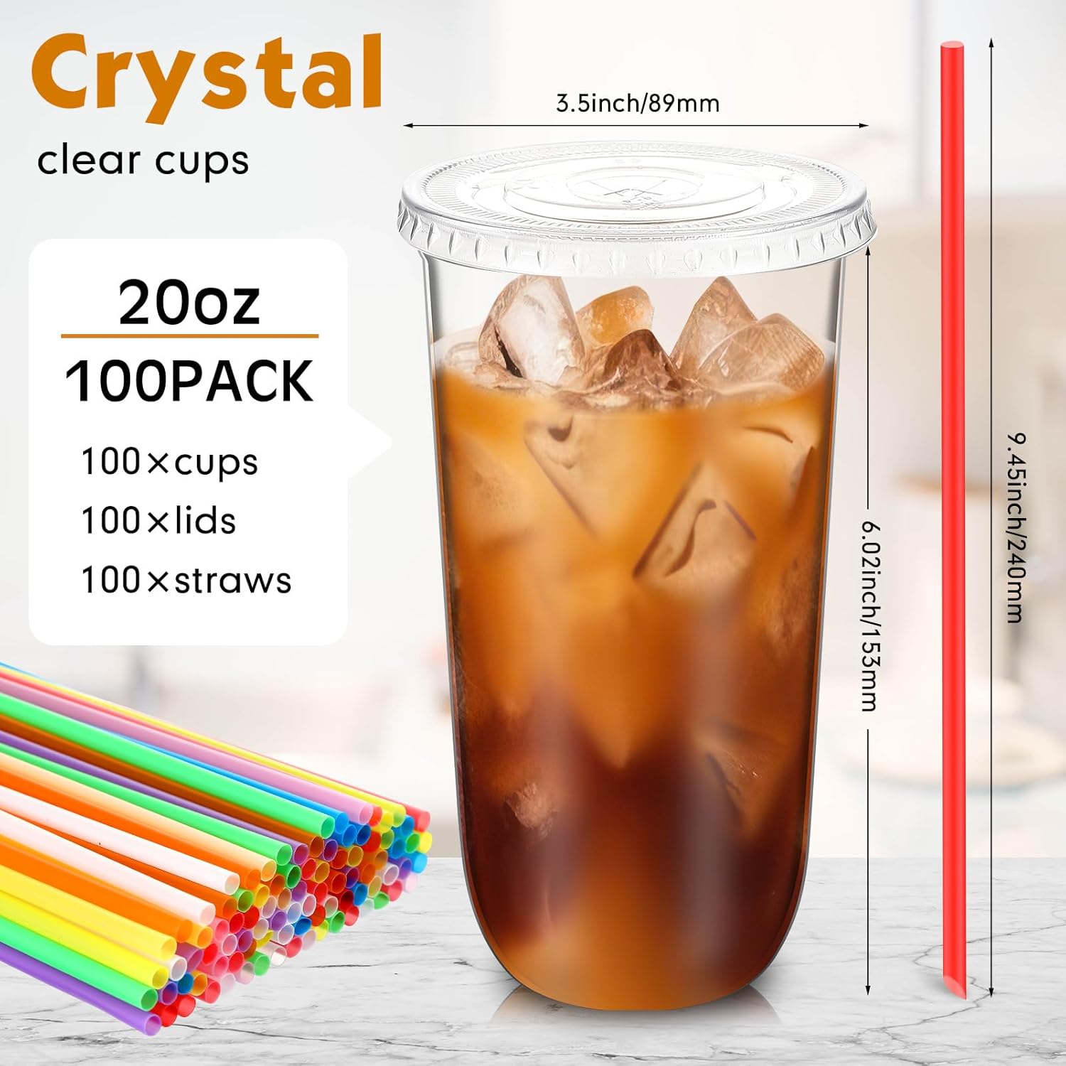100 Pack Clear Plastic Cups With Flat Lids and Straws Disposable Drinking Cups for Iced Coffee, Cold Drinks, Juice, Smoothies, Milkshakes (20 oz) - Image 3