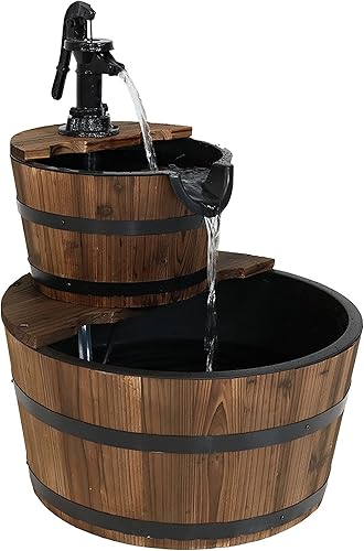 Miniatura 11 de Sunnydaze - Fuente de agua de barril de madera de 2 niveles, fuente de bomba de agua vintage de 34 pulgadas con bomba sumergible, para jardín