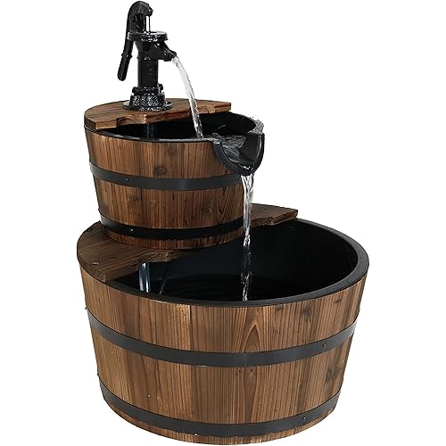 Sunnydaze Country Wood Barrel Water Fountain - 2-Tier Waterfall Fountain & Backyard Water Feature with Hand Pump - 23 Inch Tall
