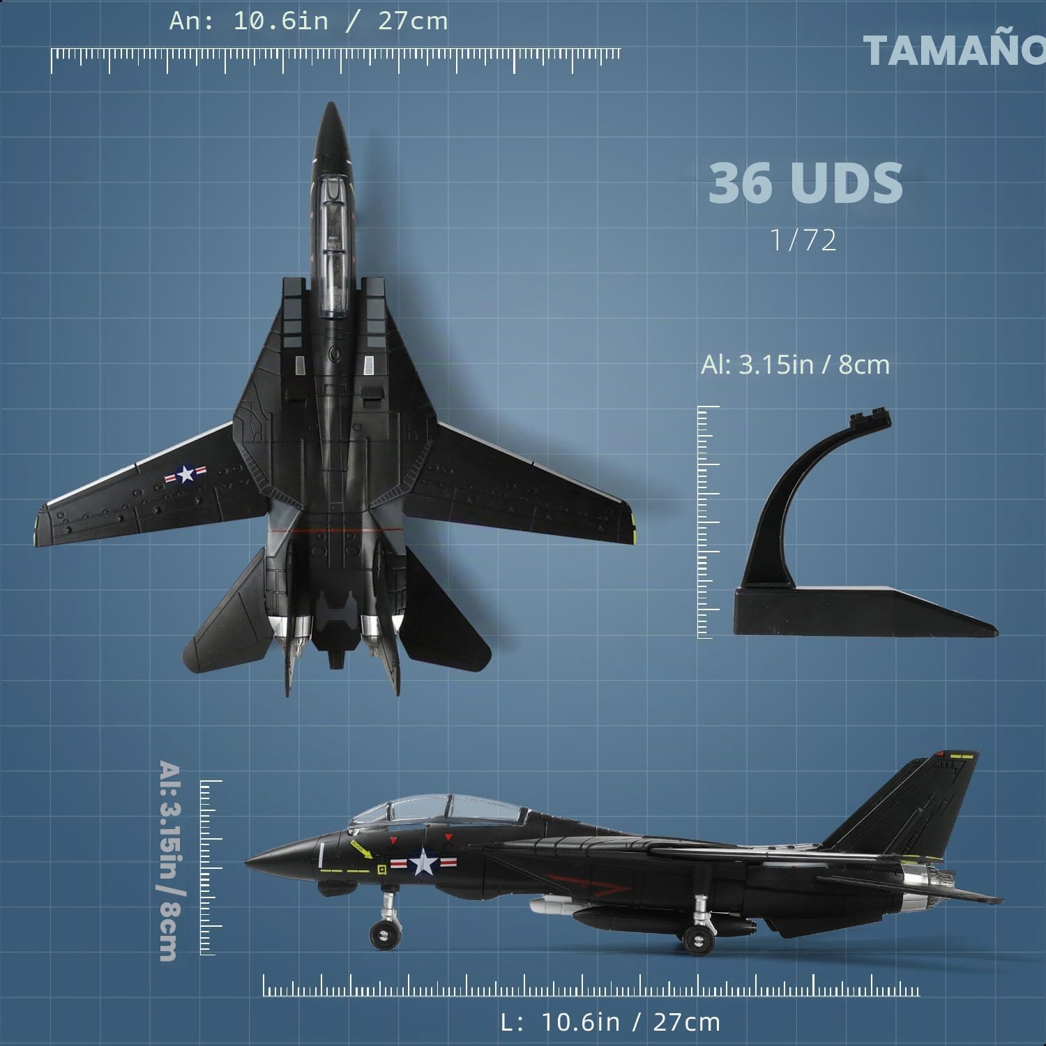 SEBUNAS Juego de Modelo de Combate F-14 Tomcat 1:72 a Escala Rápido de Construcción Kit de Montaje (Negro) Avión Militar F14 de Plástico Modelo de Aeronave con Soporte Regalo para Adultos (36 Piezas)
