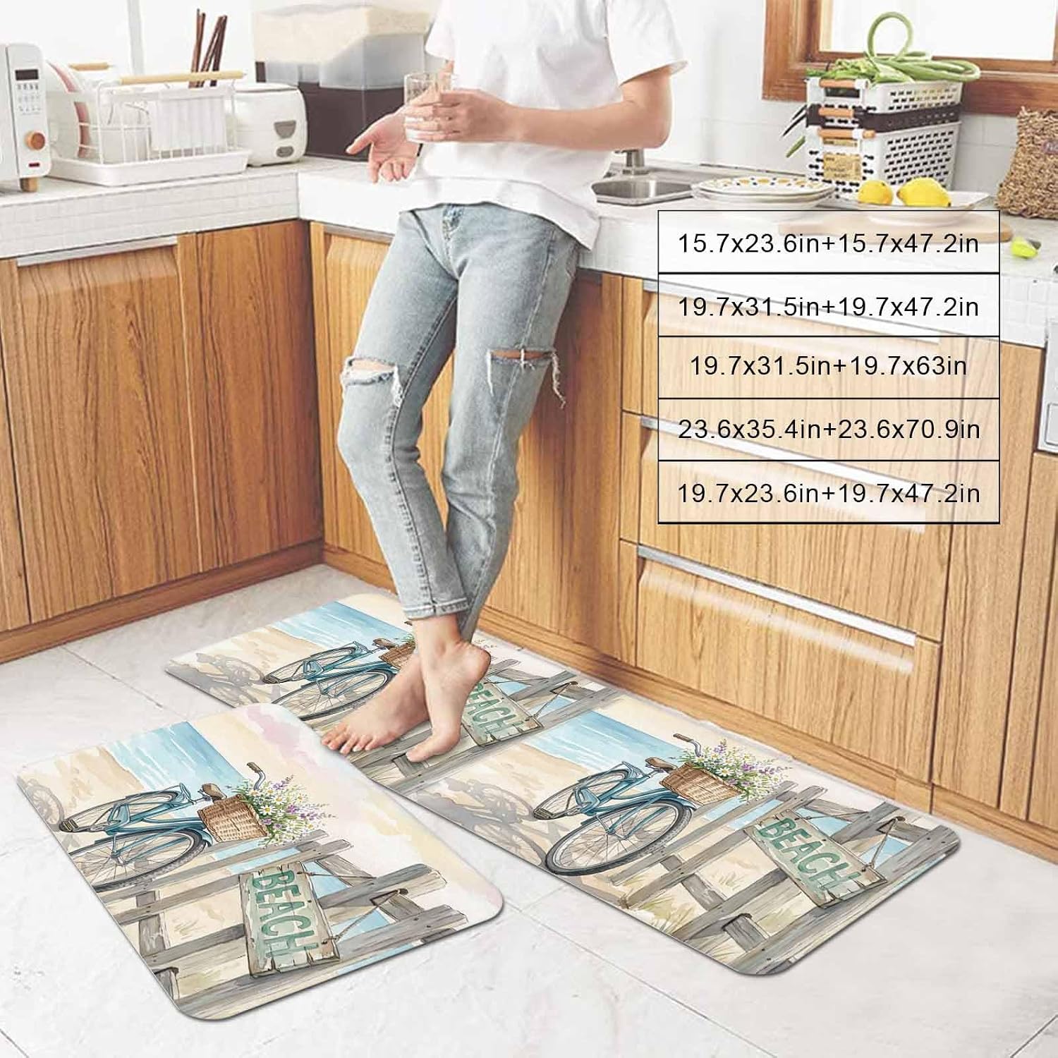 Prime Leader Watercolor Beach Scenery Kitchen Mat Set 2 Pieces Retro Bicycle Flower Basket Country Non Slip Kitchen Rugs Washable Runner Rug Mats for Sink Laundry (19.7" x 31.5"+19.7" x 63")