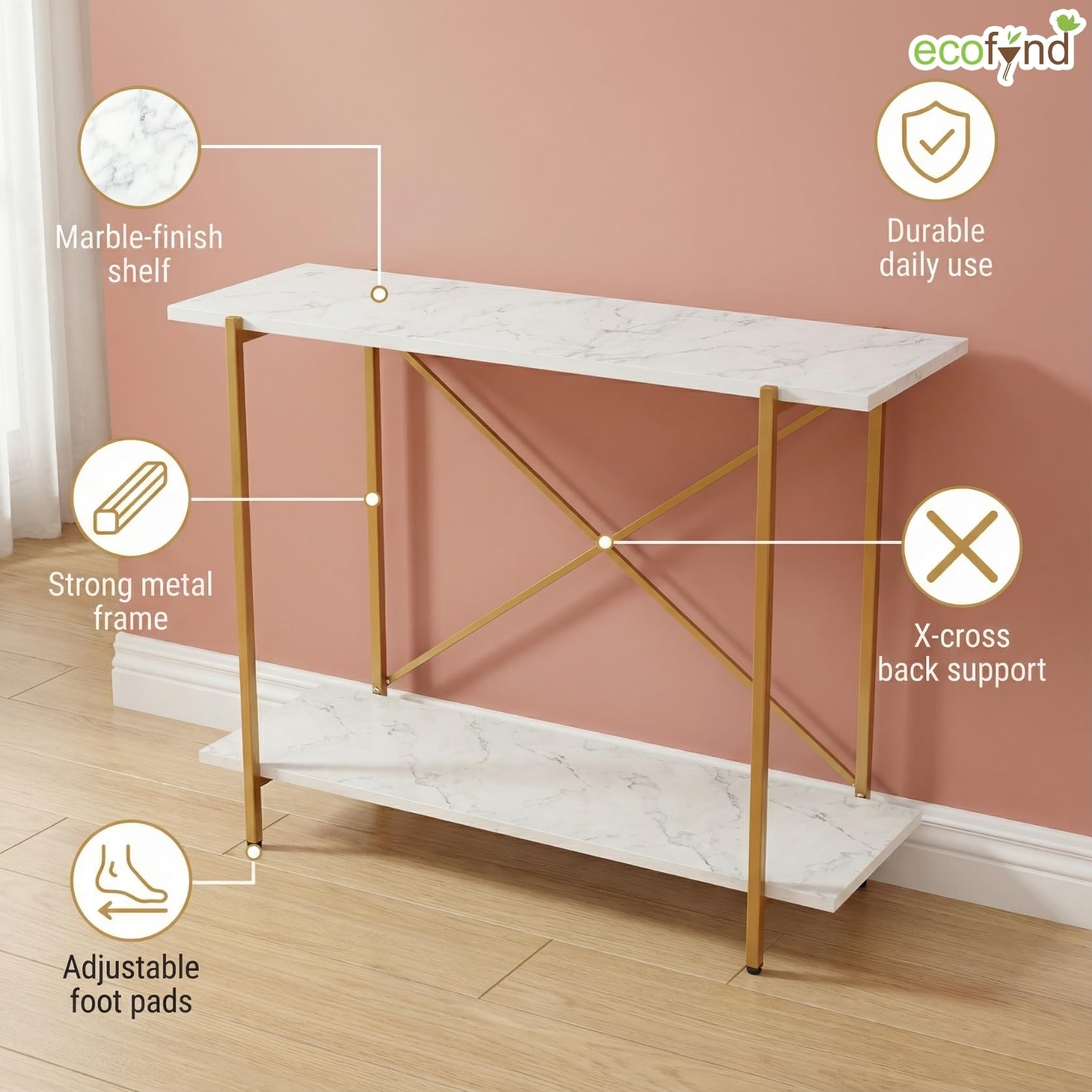 ecofynd Elix Jr 2-Tier Storage Bench for Entryway, Stable Shoe Organizer Living Room, Entry Footwear Rack Holds Up to 70 Kg, Strong, Non-Slip Feet, X-Cross Brace at Back, 35"X9"X28" White & Gold 1