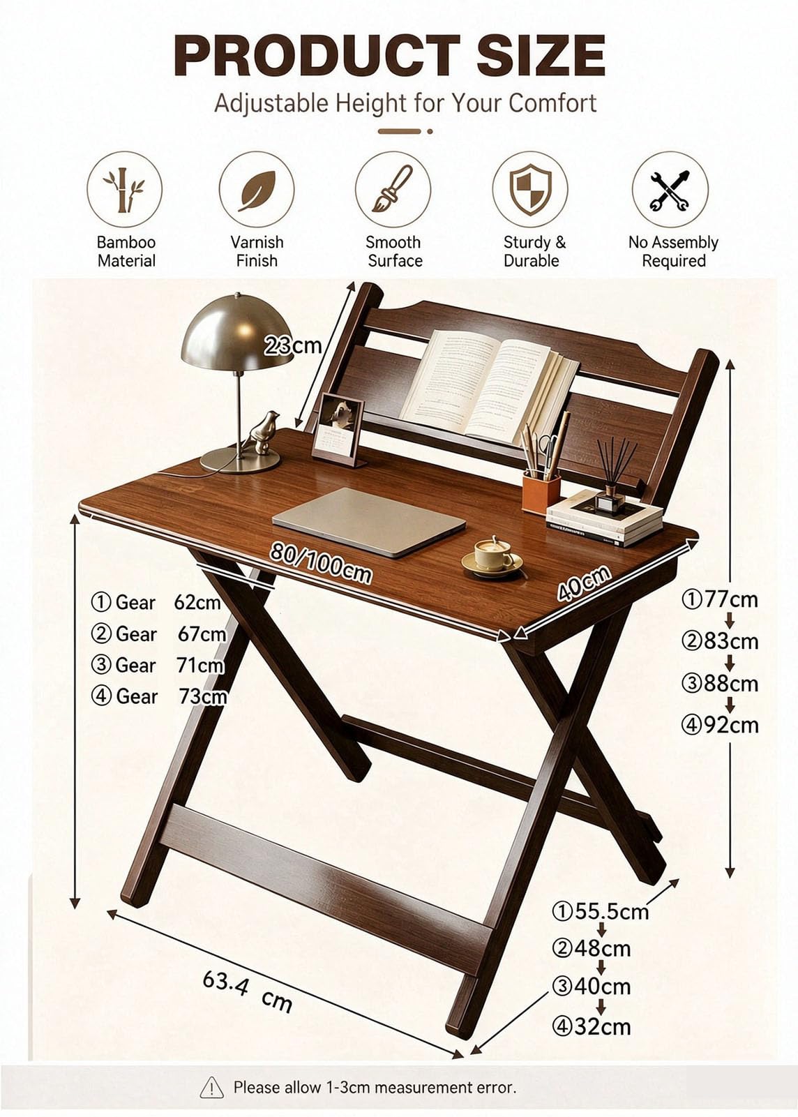 Scrivania Pieghevole 80 cm, Altezza Regolabile con cassetto & ripiano Posteriore, Finitura Noce, scrivania salvaspazio per Camera, Studio e Smart Working,Black 80cm