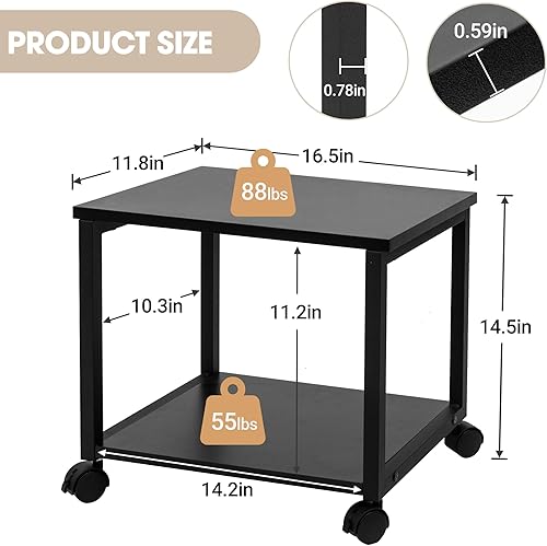 Miniatura 4 de Cakokow Soporte para impresora debajo del escritorio, mesa de impresora móvil industrial de 2 niveles con estante de almacenamiento, carrito de