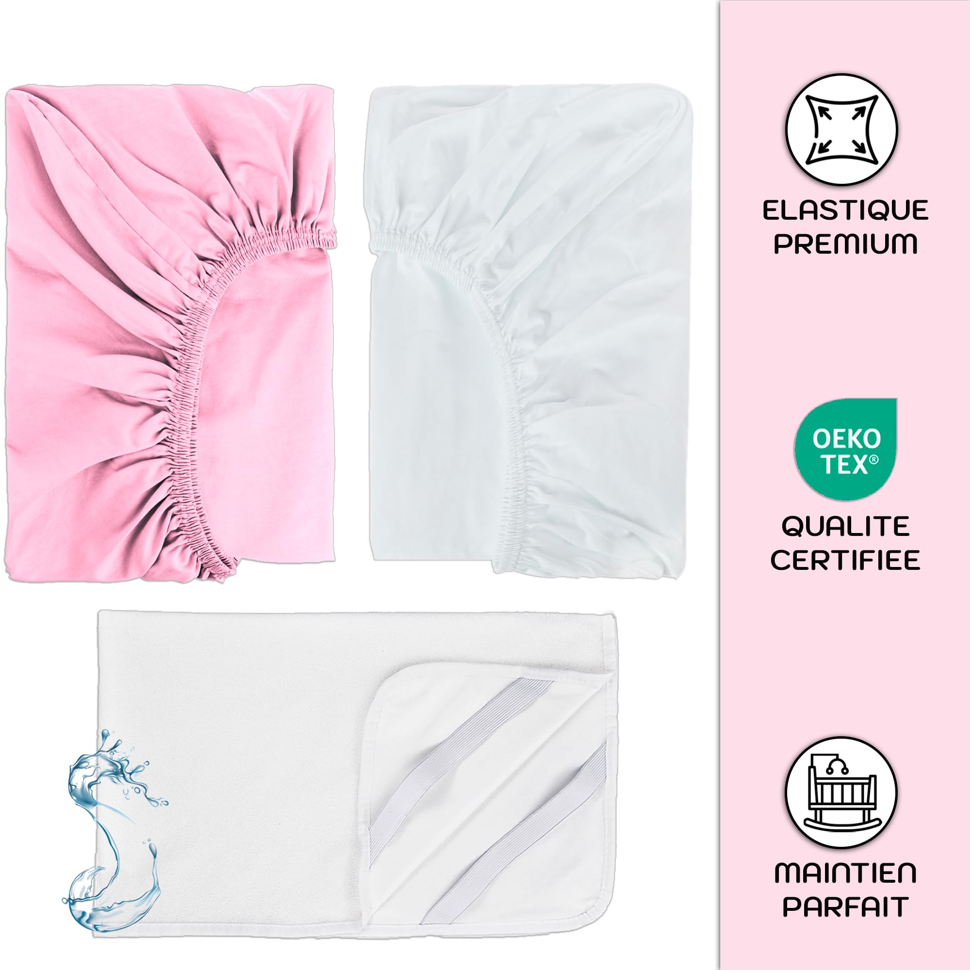 2 Lenzuola 80 x 160 cm con Angoli 100% Cotone + 1 Coprimaterasso Impermeabile - Biancheria per Lettino - Oeko-Tex- Compatibile con Letto Montessori (Bianco/Rosa, 80 x 160 cm)