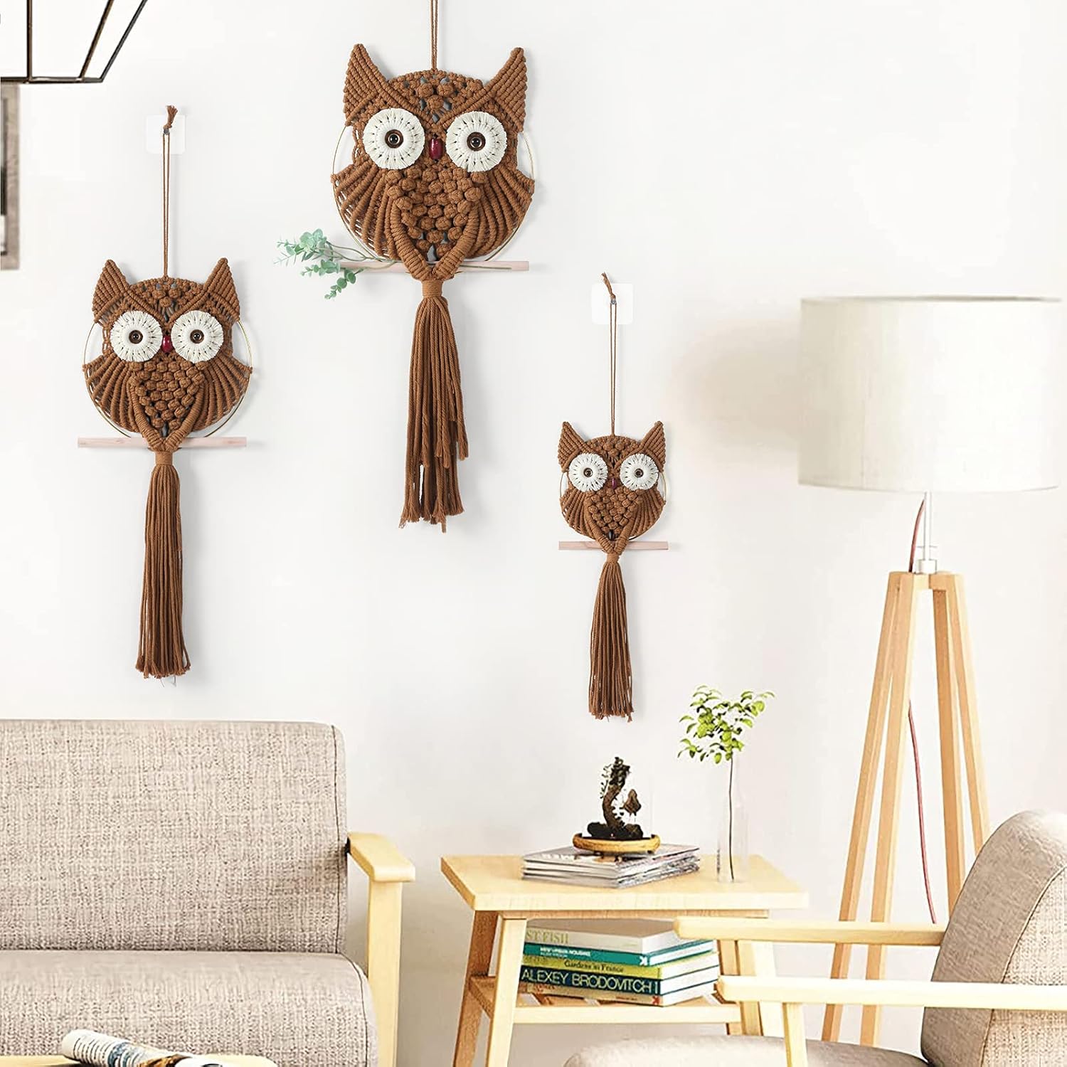 MVSUTA Owl Brown Cotton Handmade Macrame Wall Hanging Tapestry Home Decor Art and Cream Craft Wonderful Decoration Woven Beige Boho Ornament for Office Bedroom Apartment Living Room Nursery