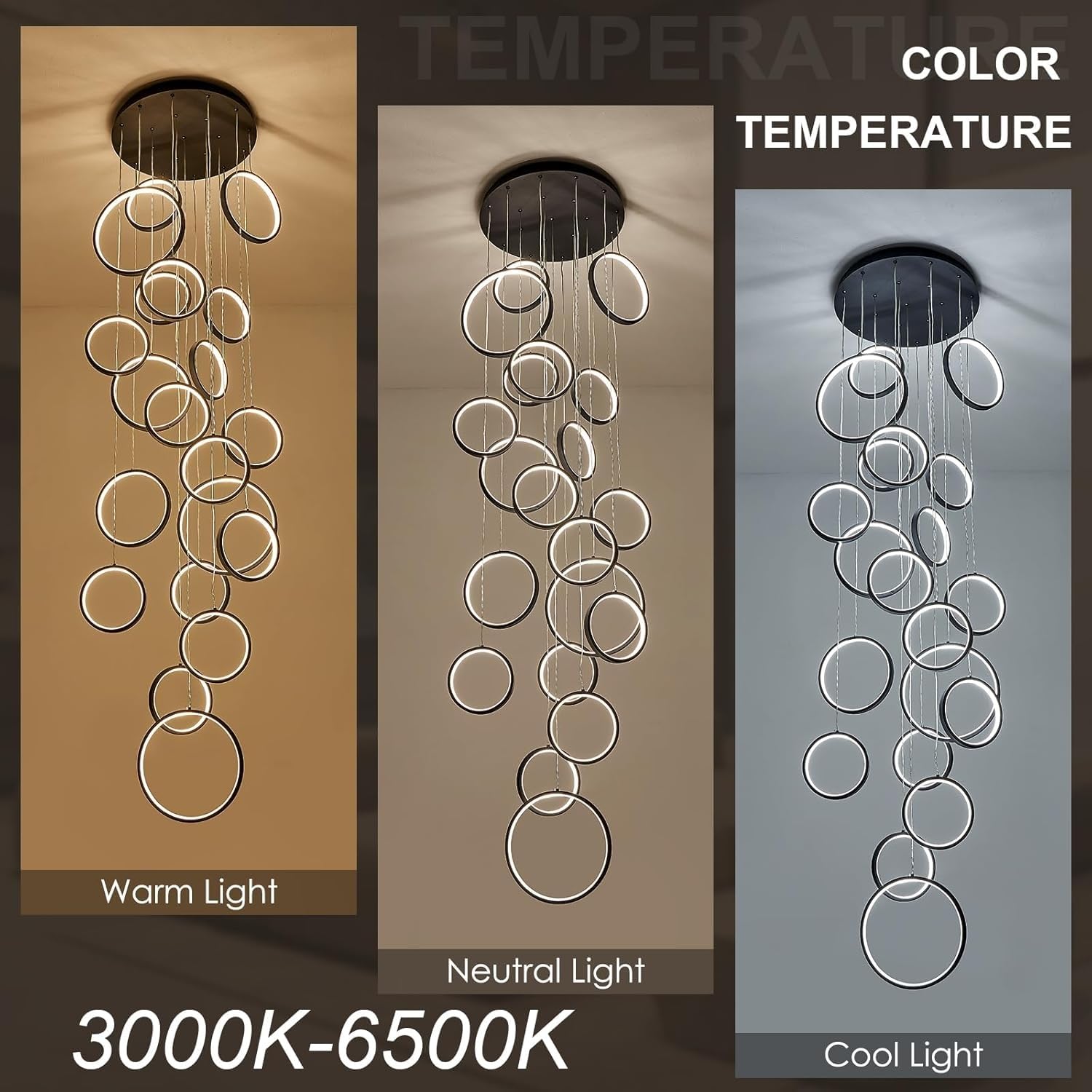 Nowoczesna Ściemnialna Lampa Wisząca LED, Kreatywny Okrągły Pierścień Wiszący Lampa Do Wysokiego Sufitu, Regulowana Wysokość Wiszącego Oświetlenia Sufitowego Do Przedpokoju, Schodów, Salonu(Bla