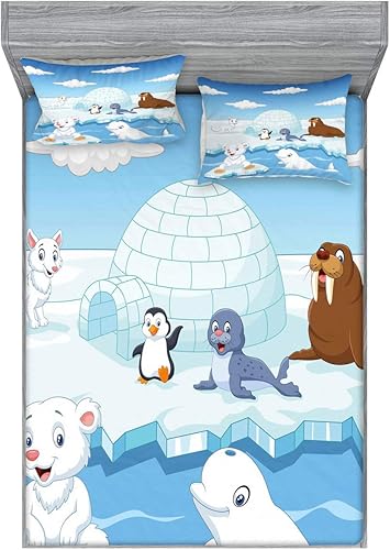 Ambesonne Juego de sábanas y fundas de almohada de animales, imagen de animales del Ártico, osos polares, pingüinos, lobos, ballenas, obra de arte,