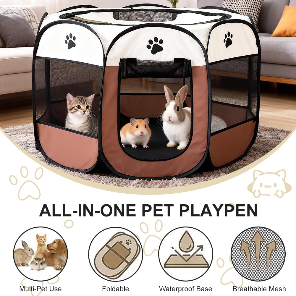 Parc pour chiots et animaux - Pliable - 74 x 74 x 43 cm - Parc portable pour chiens, chats, chiots, à l'intérieur et à l'extérieur - Marron café