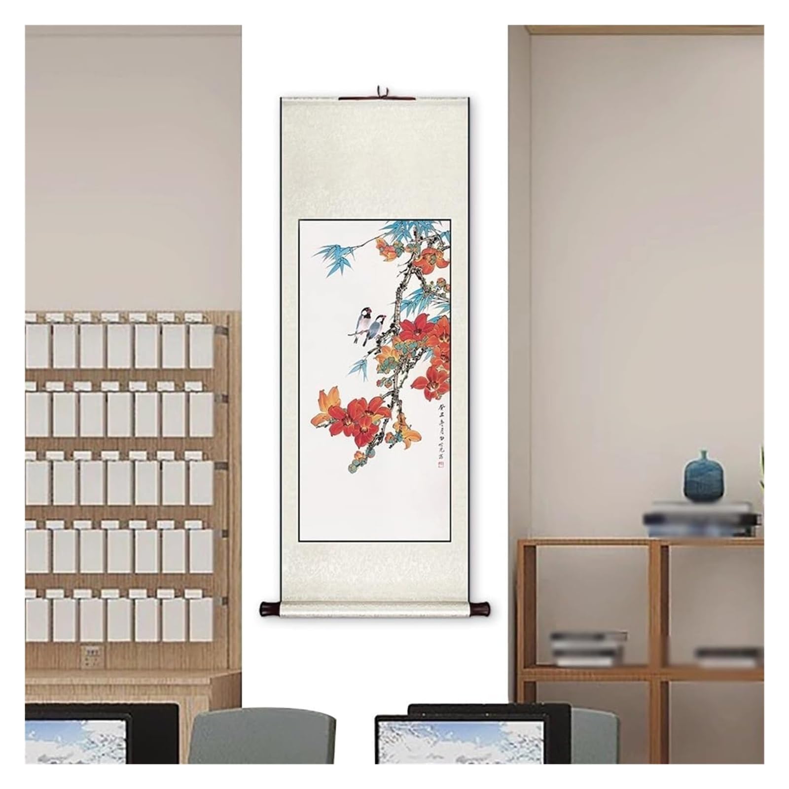 Chińskie malowidło z motywem ptaków kwiatowych, tradycyjna ręcznie robiona sztuka korytarza, wystrój sypialni Feng Shui, kolekcja prezentów świątecznych(Creamy White D,59L x 148W cm)
