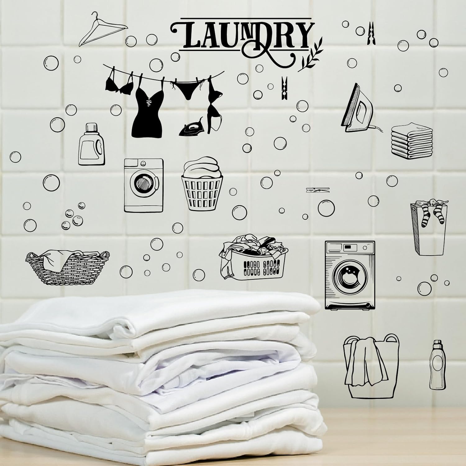 CREATCABIN 4 Sheets Laundry Wall Decals Laundry Room Quotes Wall Stickers Bubble Wall Stickers Removable 4 Styles DIY Wall Art Decor Home Decoration for Laundry Room Bathroom Black 11.4x7.9 Inch