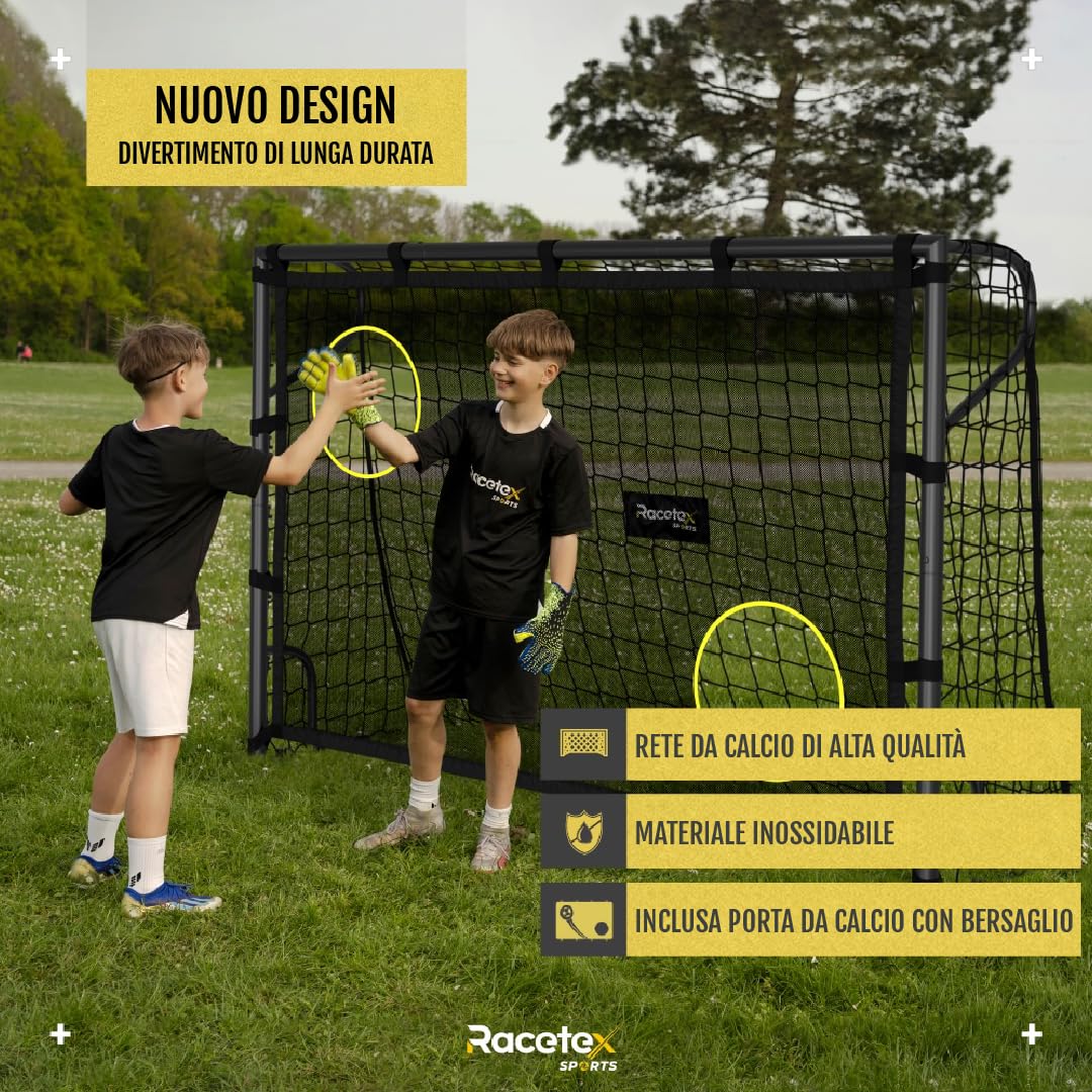 Racetex Porta da calcio da giardino per bambini [con parete porta] – Robusta porta da calcio per bambini e adulti con telaio in acciaio anteriore e rete da calcio resistente alle intemperie – La porta