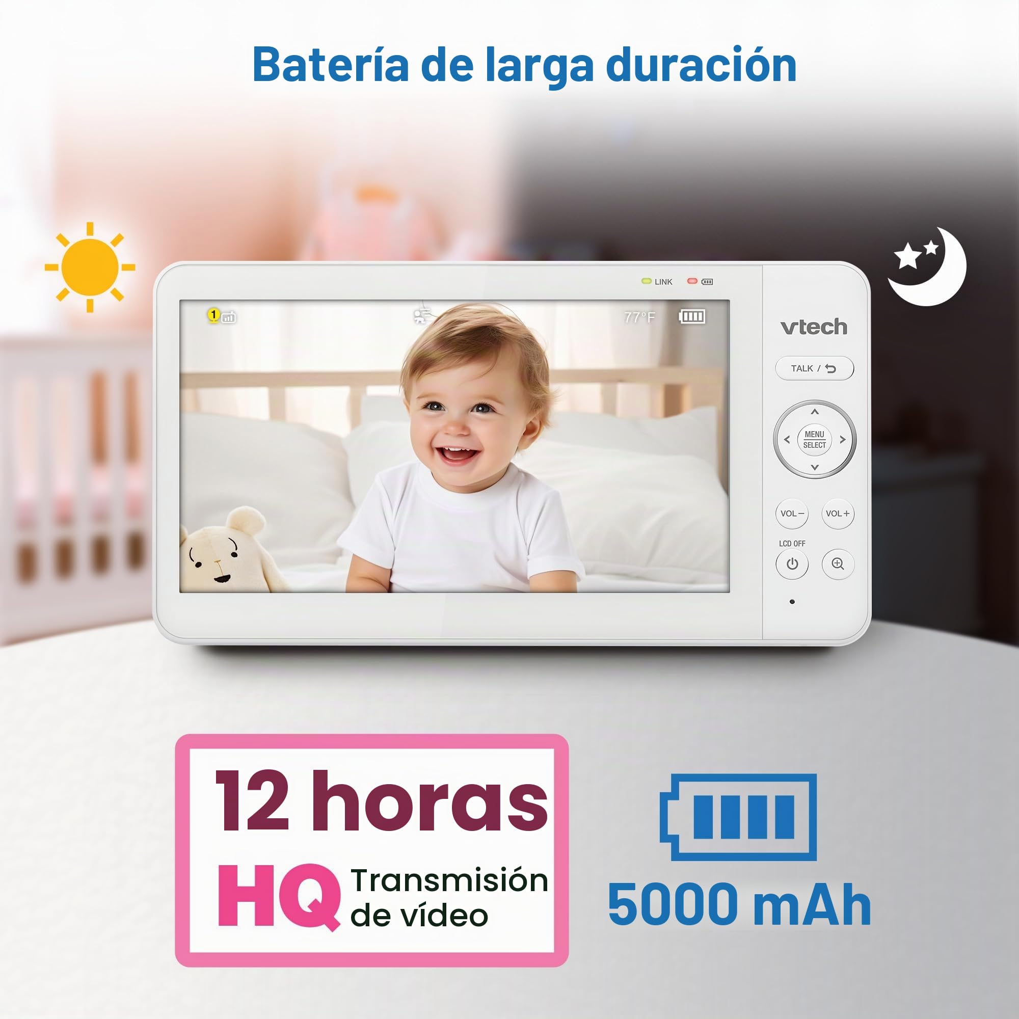VTech [Monitor de bebé actualizado 2025 con visualización IPS de 7 Pulgadas, cámara panorámica con Zoom panorámico, Monitor de bebé de Video sin WiFi con cámara y Audio, luz Nocturna Multicolor