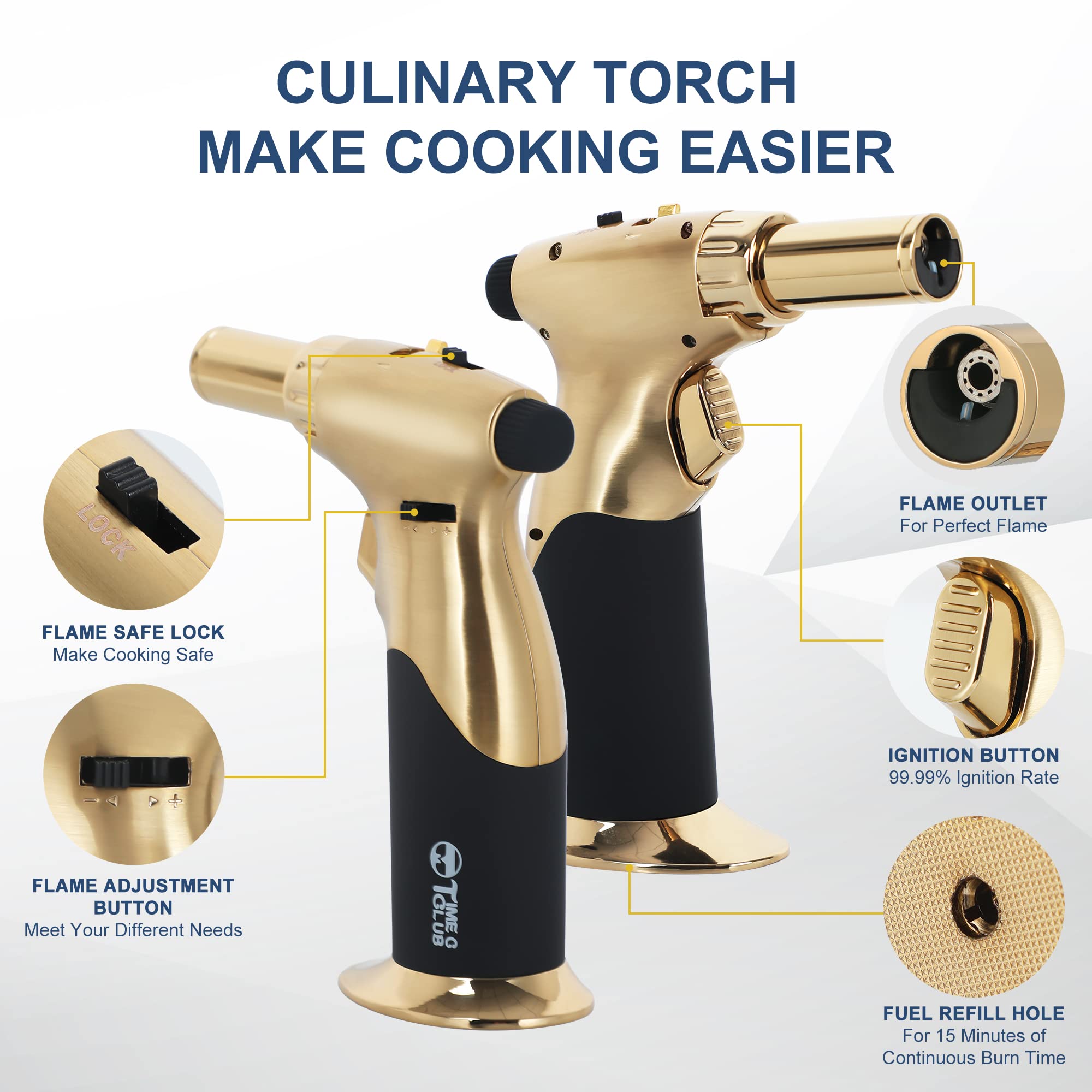 Torcia a butano, grande torcia da cucina a doppia fiamma, con blocco di sicurezza, regolabile, ricaricabile, multiuso, per creme brûlée, cottura al forno, barbecue (gas butano non incluso)