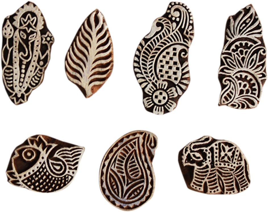 Indian Shelf Vocalforlocal Handmade Brown Set of 7 New Wooden Printing Block