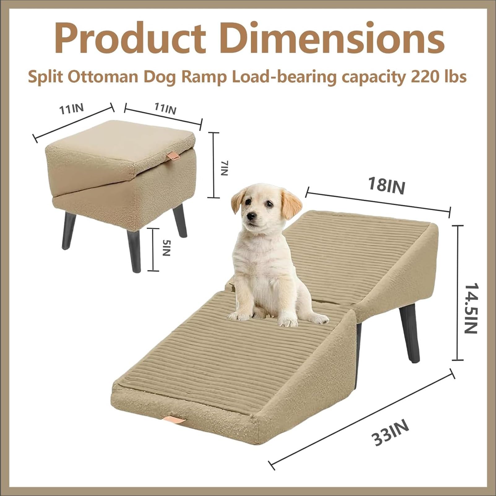 Rampe pour Chien Ottomane Divisée Tout-en-Un Pliable, Escalier Multifonction pour Chiens Grande et Petite Taille (Khaki)
