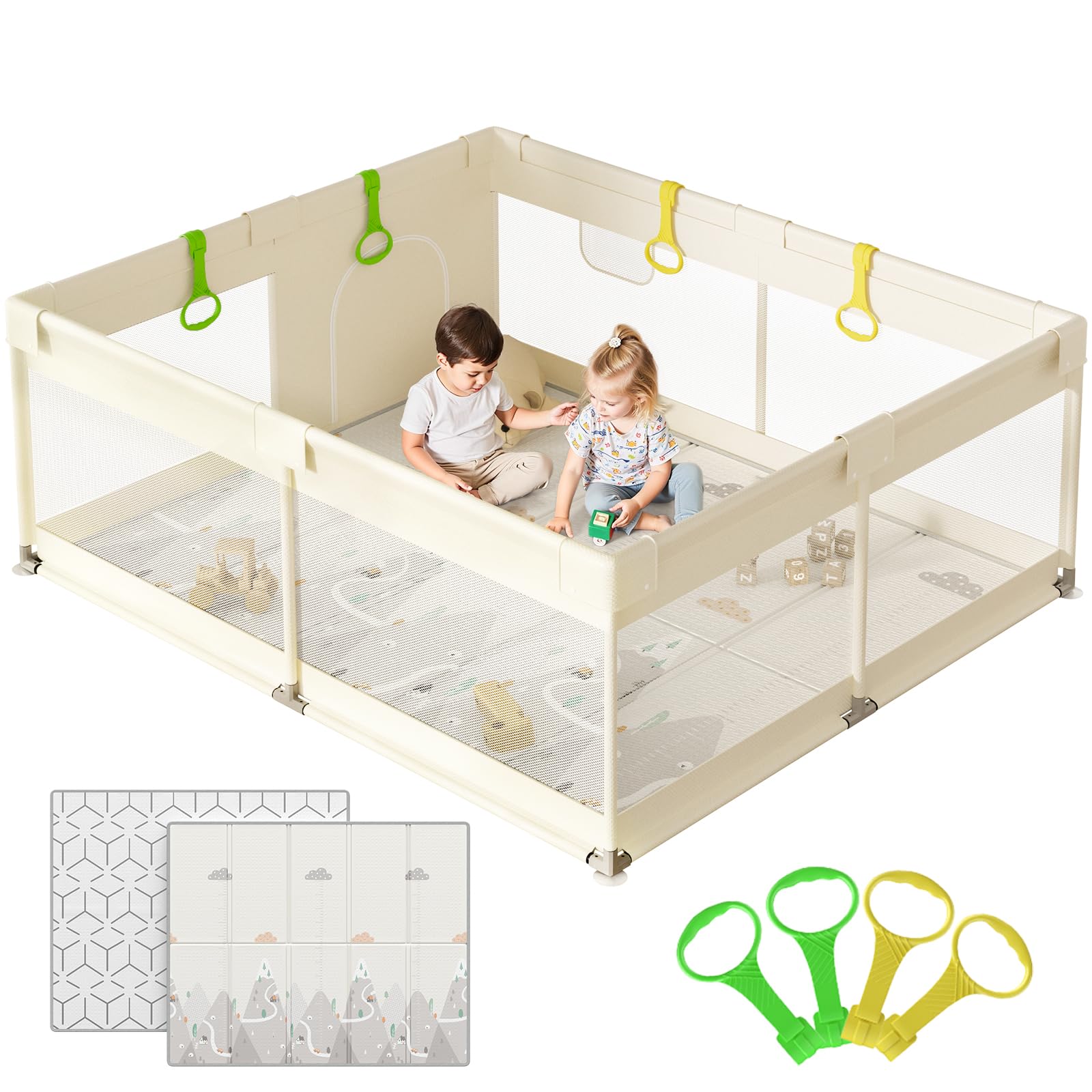 Cafolatt Laufstall Baby mit Matratze - 150×180cm Großer Baby Laufstall mit Netzseiten, Laufstall XXL mit rutschfester Basis, Oxford Stoff(Beige)