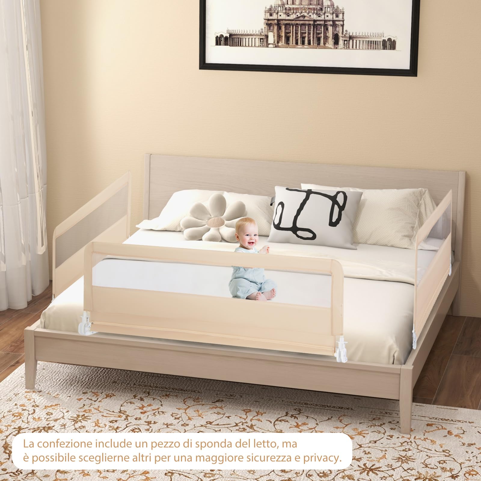 RELAX4LIFE Sponda Letto per Bambini 180 cm/150 cm, Barriera di Sicurezza, Traspirante e Pieghevole, Sbarra Letto per Letti Singoli e Matrimoniali (Beige, 150 x 41 x 55 cm)