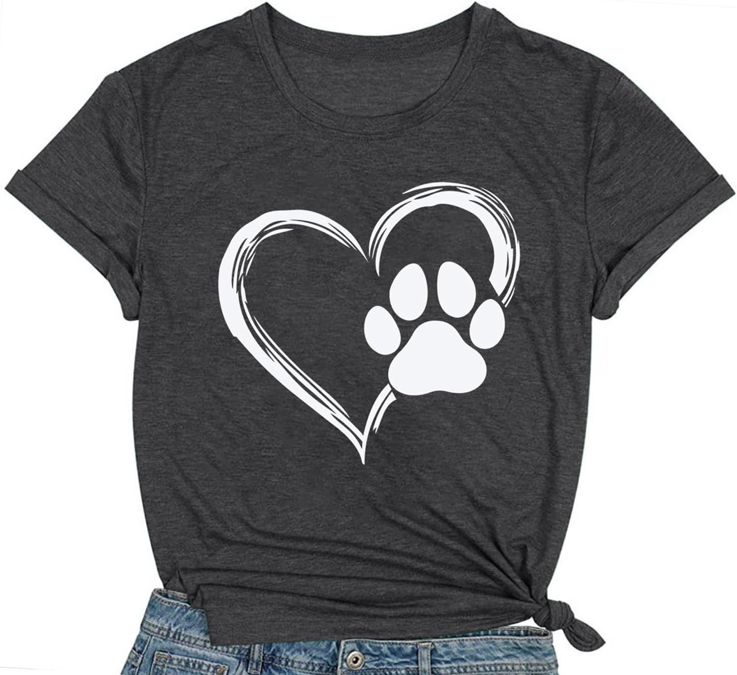 Dog Lover Shirts for Women Cute Paw Love Heart Print T-Shirt Dog Mom Short Sleeve Tee Tops