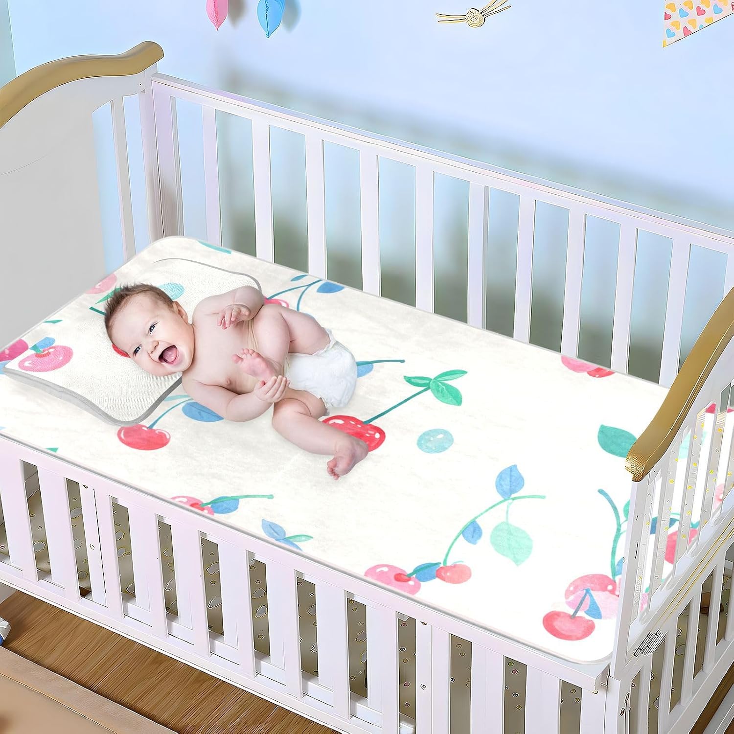 Cooling Baby Play Mattress 28" x 52"Absorbent Pads for Bed for Baby&Toddler Watercolor Cherry Red Cute